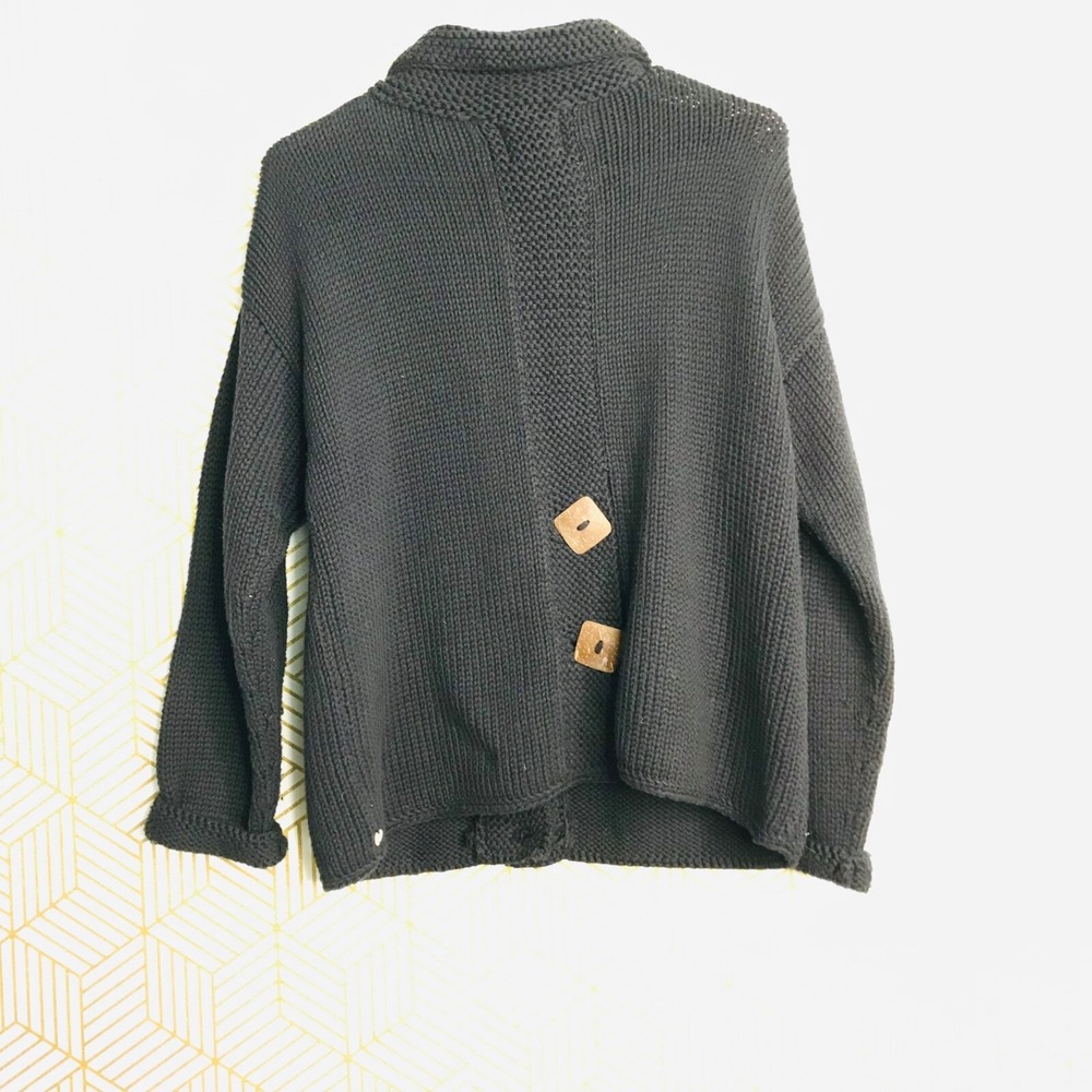 Pure Womens Handknit Cardigan Sweater Sz M/L Black 100% Cotton Chunky Buttons - Picture 2 of 7